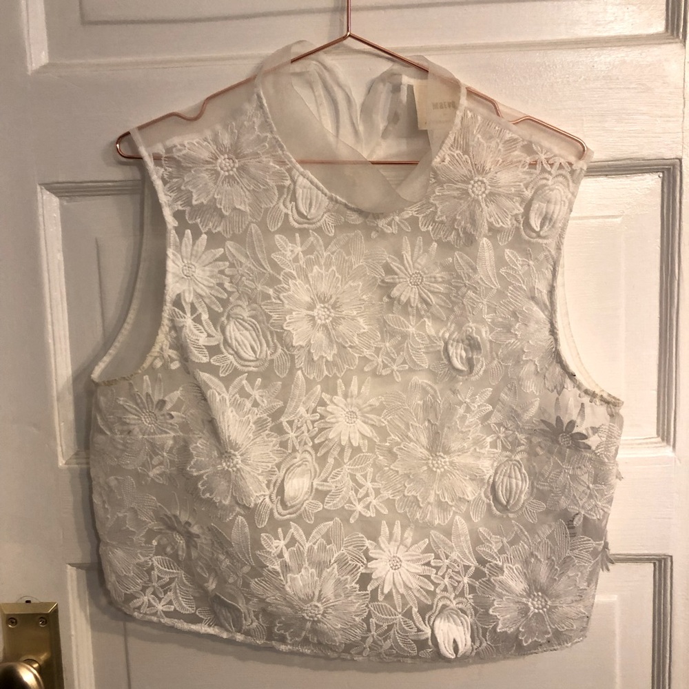 Anthropologie Women’s Fancy Cropped Length Sheer Mockneck with 3D Floral Cutouts